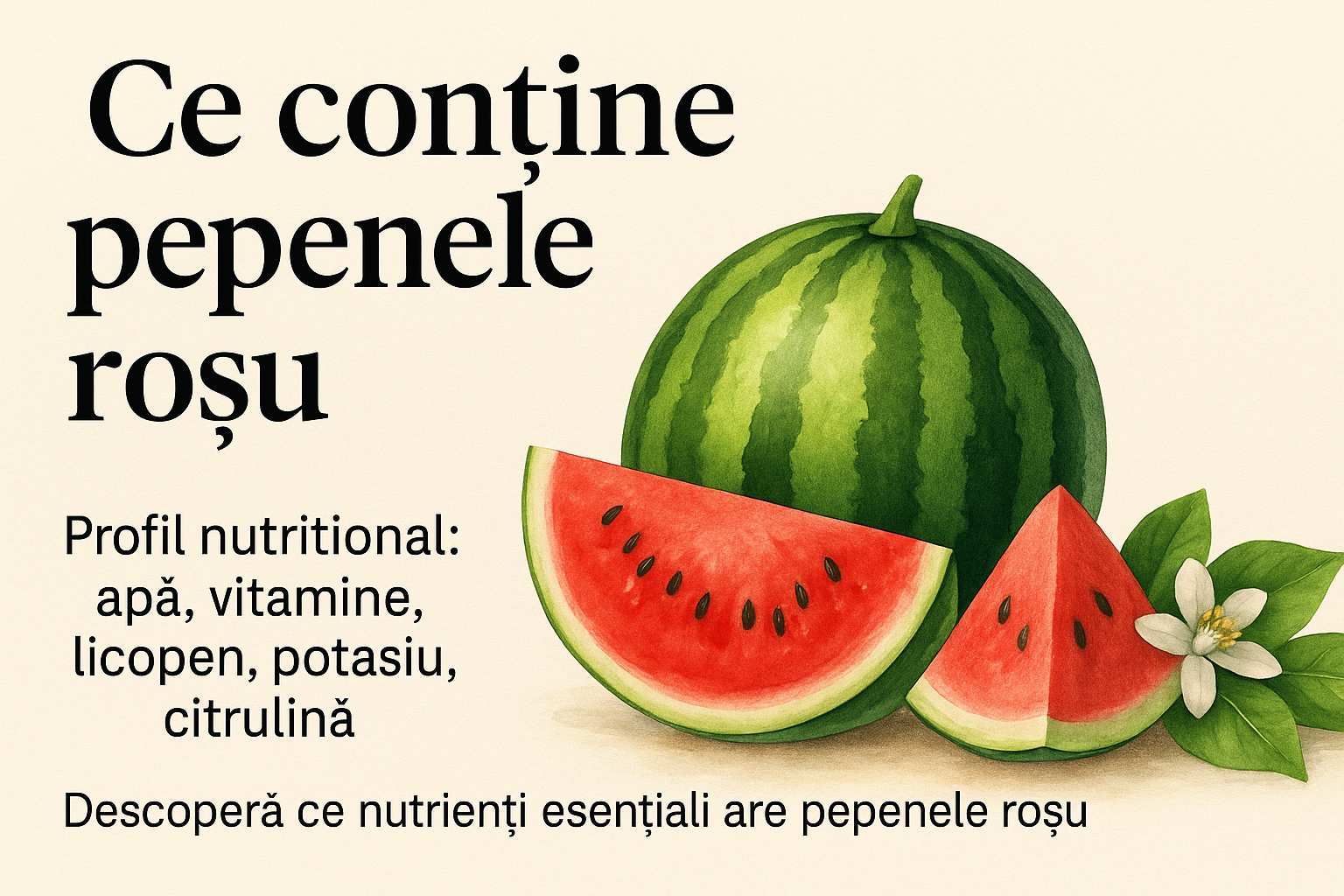 Ce contine pepenele roșu tăiat artistic pe o masă, în lumină naturală, cu fundal estival