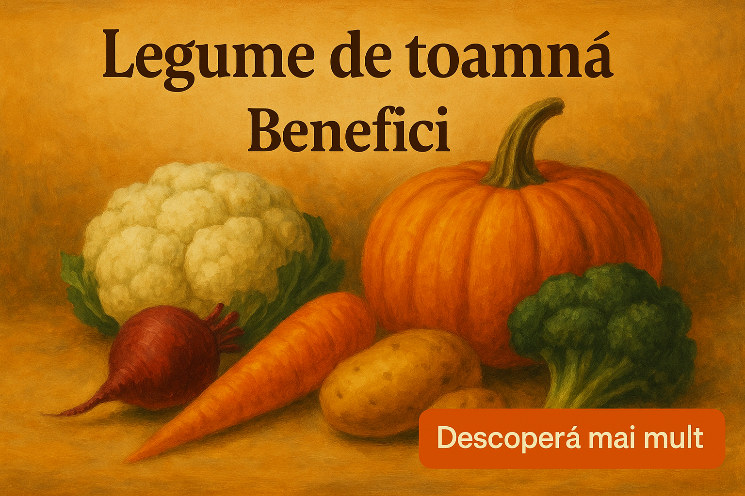 Banner orizontal cu legume de toamnă și buton Descoperă mai mult – dovleac, conopidă, morcov, sfeclă, cartofi și broccoli