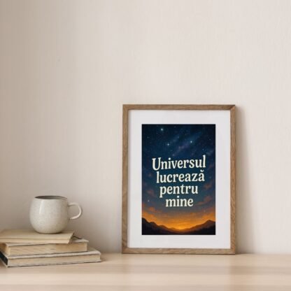 Tablou cu mesaj pozitiv „Universul lucrează pentru mine” pe fundal întunecat și așezat pe raft cu cărți