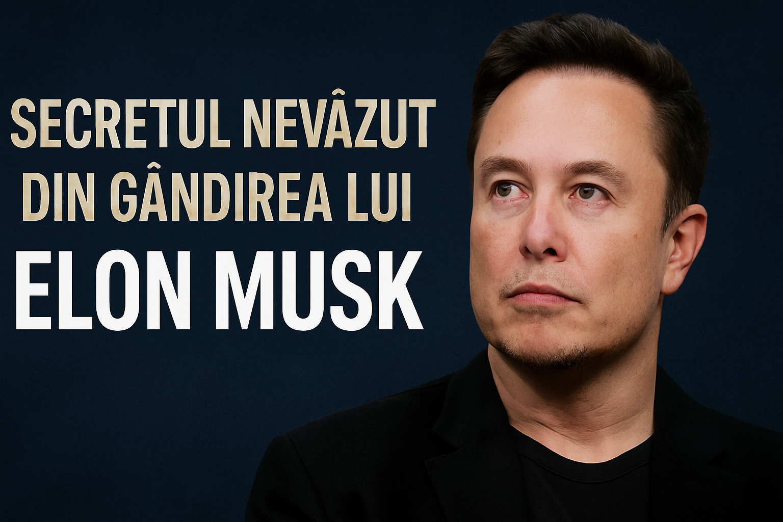 Elon Musk serios privind în sus, cu text: Secretul nevăzut din gândirea lui Elon Musk