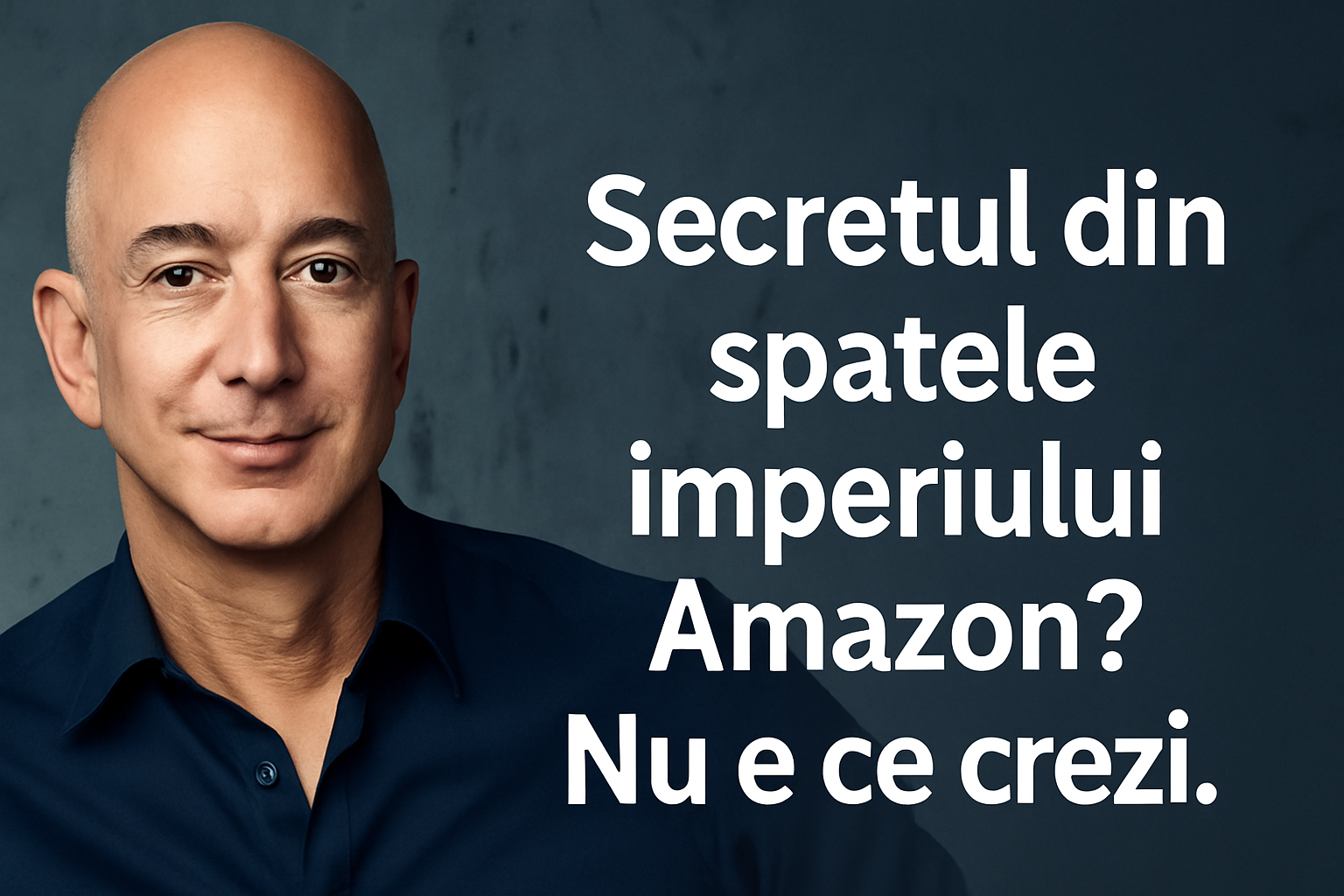 Portret Jeff Bezos cu text: Secretul din spatele imperiului Amazon? Nu e ce crezi.