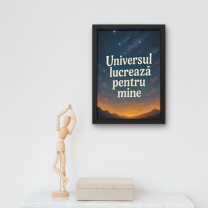 Tablou decorativ cu mesaj pozitiv pe perete alb, înrămat în negru, alături de statuetă de lemn