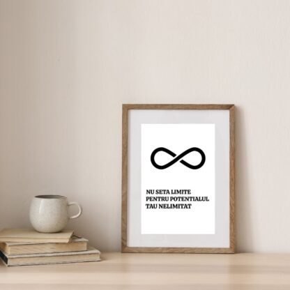 Decor motivațional cu simbol infinit și mesaj de încurajare pentru potențialul nelimitat