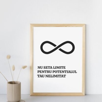 Tablou motivațional cu simbol energie infinit și mesaj „Nu seta limite pentru potențialul tău nelimitat” pe fundal alb negru decor living