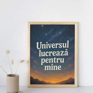 Tablou motivațional cu mesajul „Universul lucrează pentru mine” pe fundal de cer înstelat