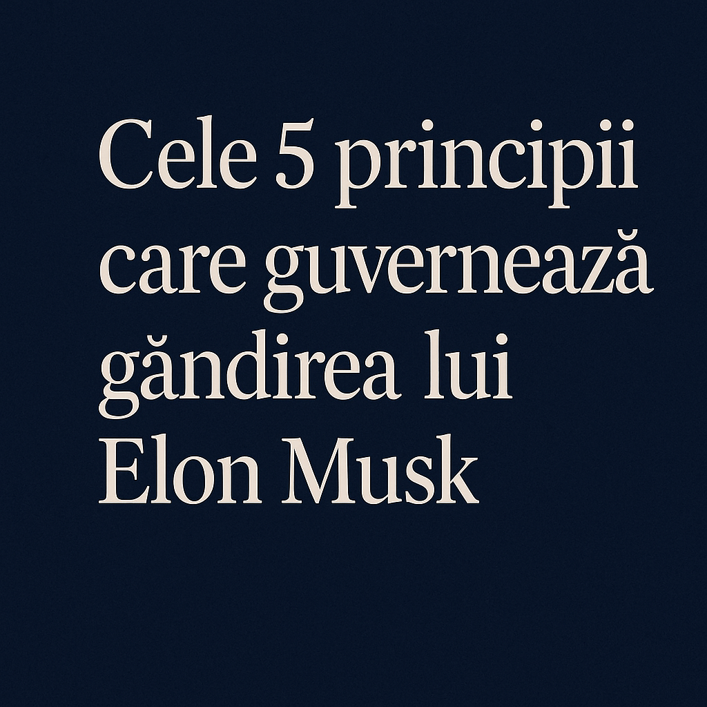 Text pe fundal închis care spune: „Cele 5 principii care guvernează gândirea lui Elon Musk”