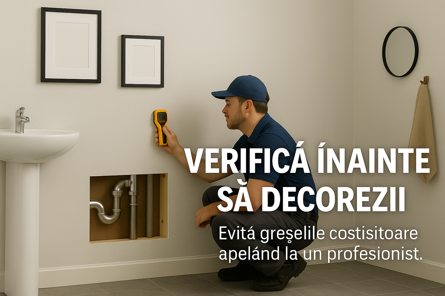 Instalator profesionist verificând instalațiile sanitare înainte de decorarea pereților cu tablouri