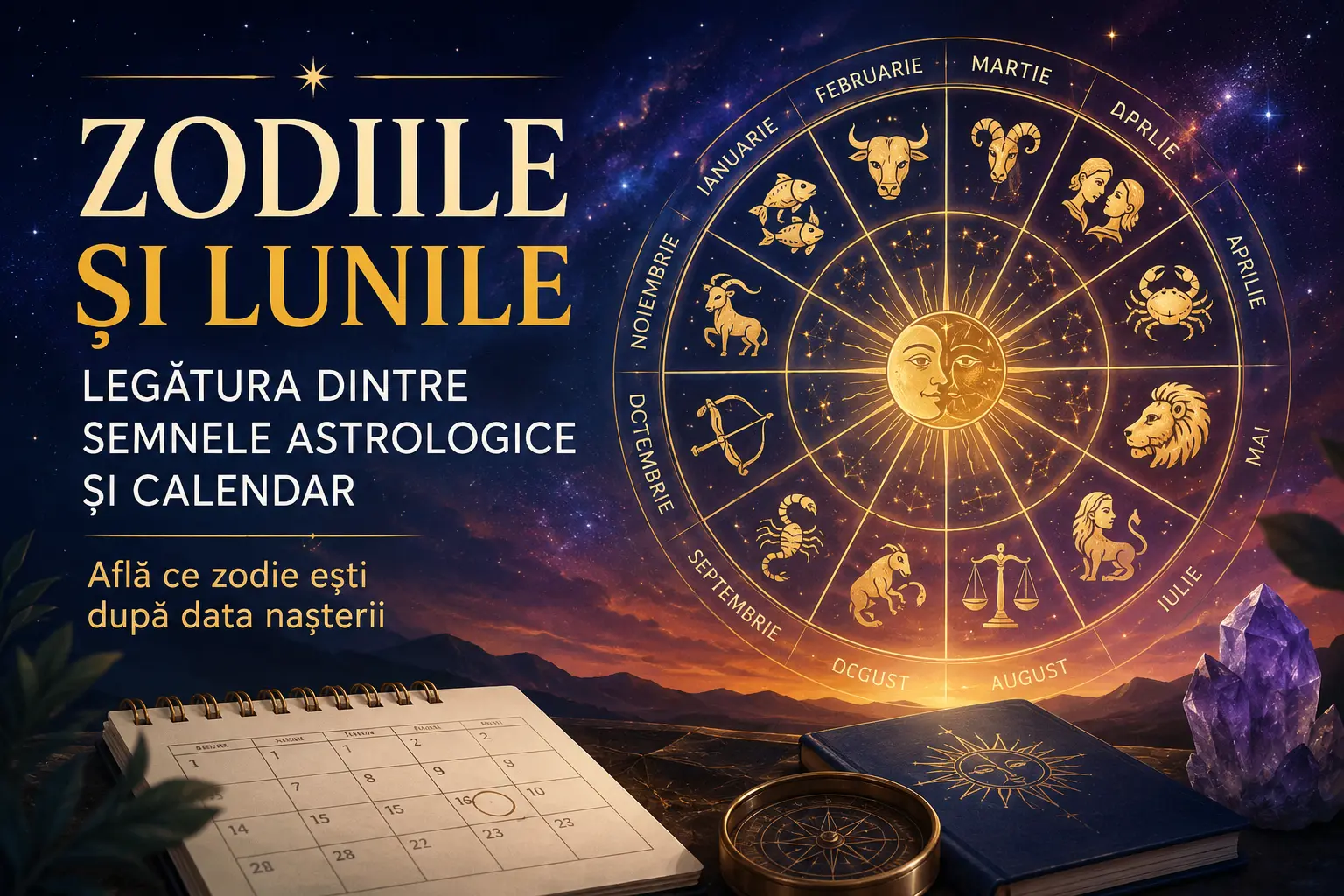 Zodiile si lunile explicate prin calendar zodiacal cu semne astrologice, luni ale anului si simboluri astrale