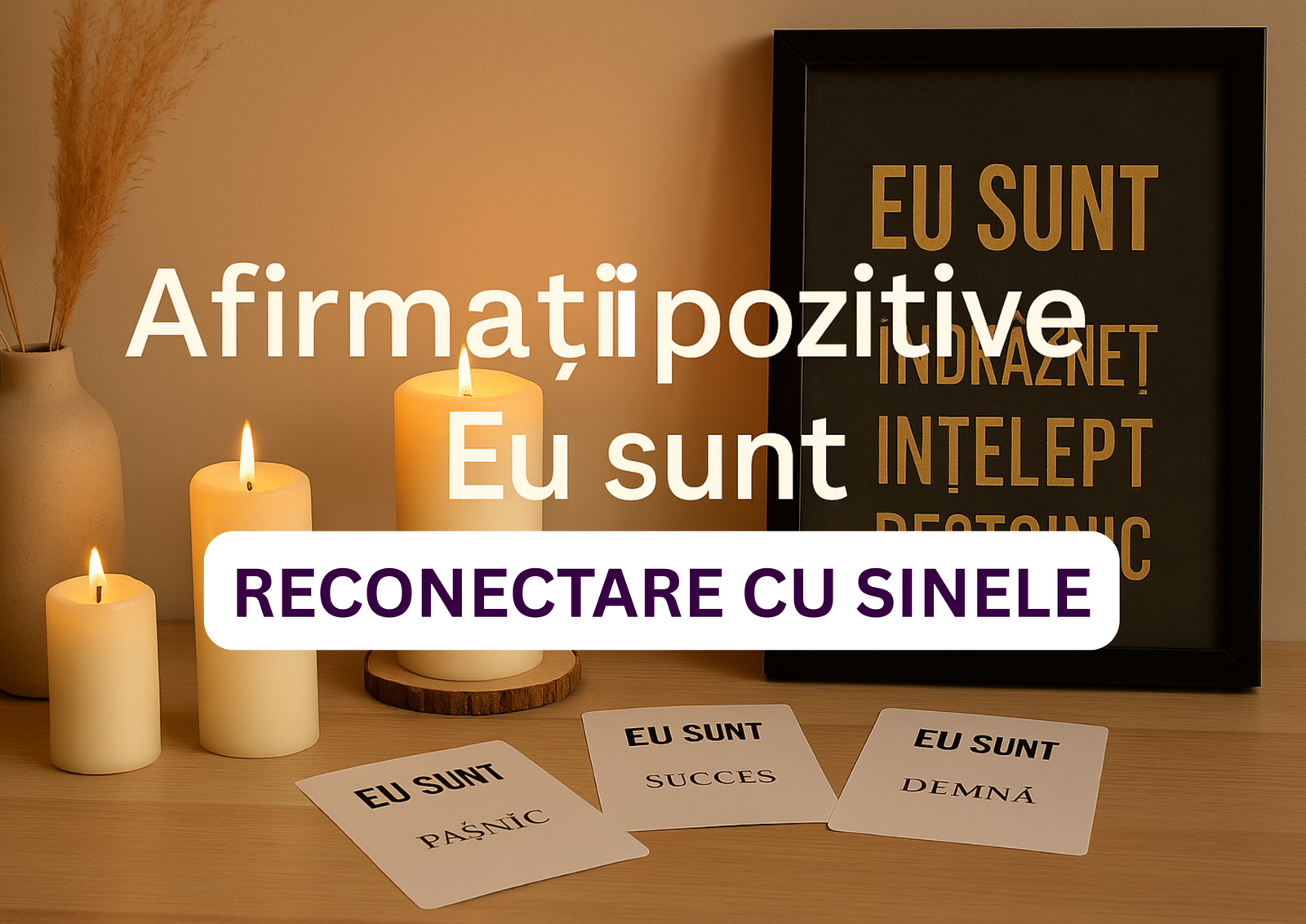 Afiș cu afirmații pozitive „Eu sunt” și lumânări aprinse într-un decor relaxant
