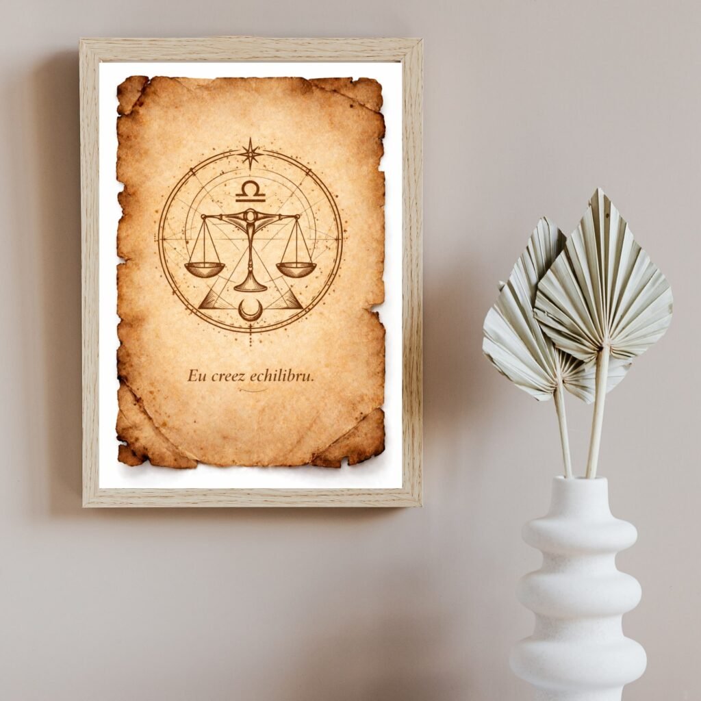 tablou balanta stil papirus cu rama lemn natur sigiliu energetic zodiacal
