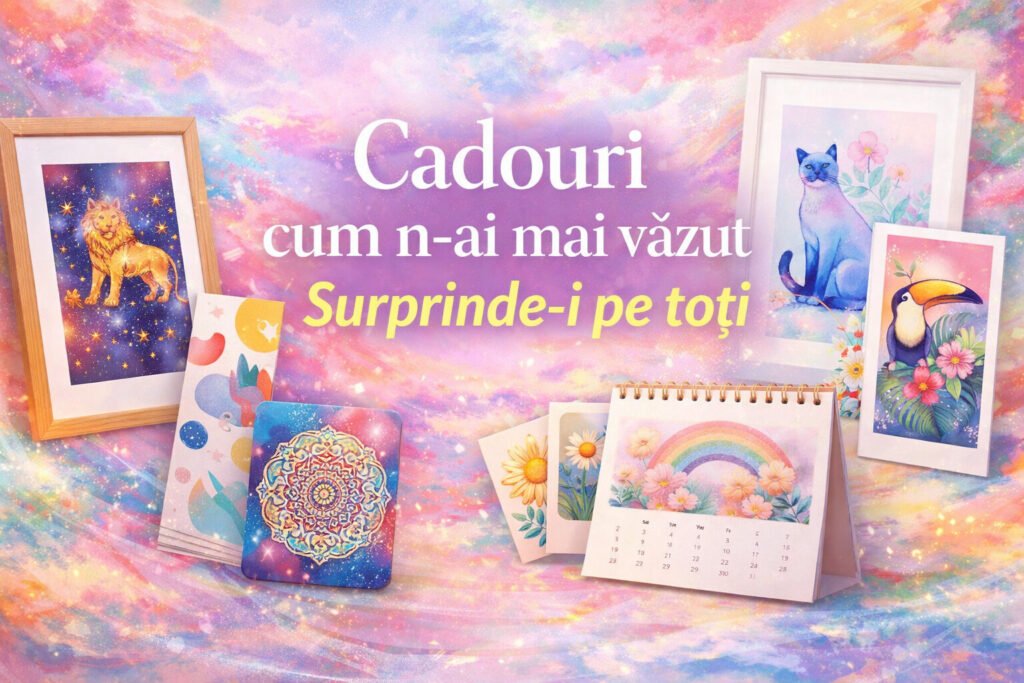 Banner colorat cu produse unicat de cadou – tablouri, magneți și calendare, cu textul Cadouri cum n-ai mai văzut. Surprinde-i pe toți