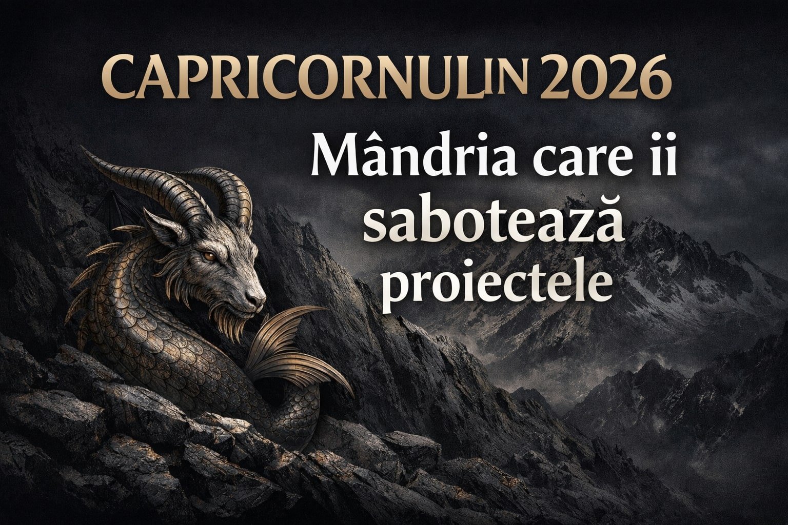 Capricornul in 2026 – mandria care ii saboteaza proiectele, simbol zodiacal Capricorn pe fundal montan intunecat