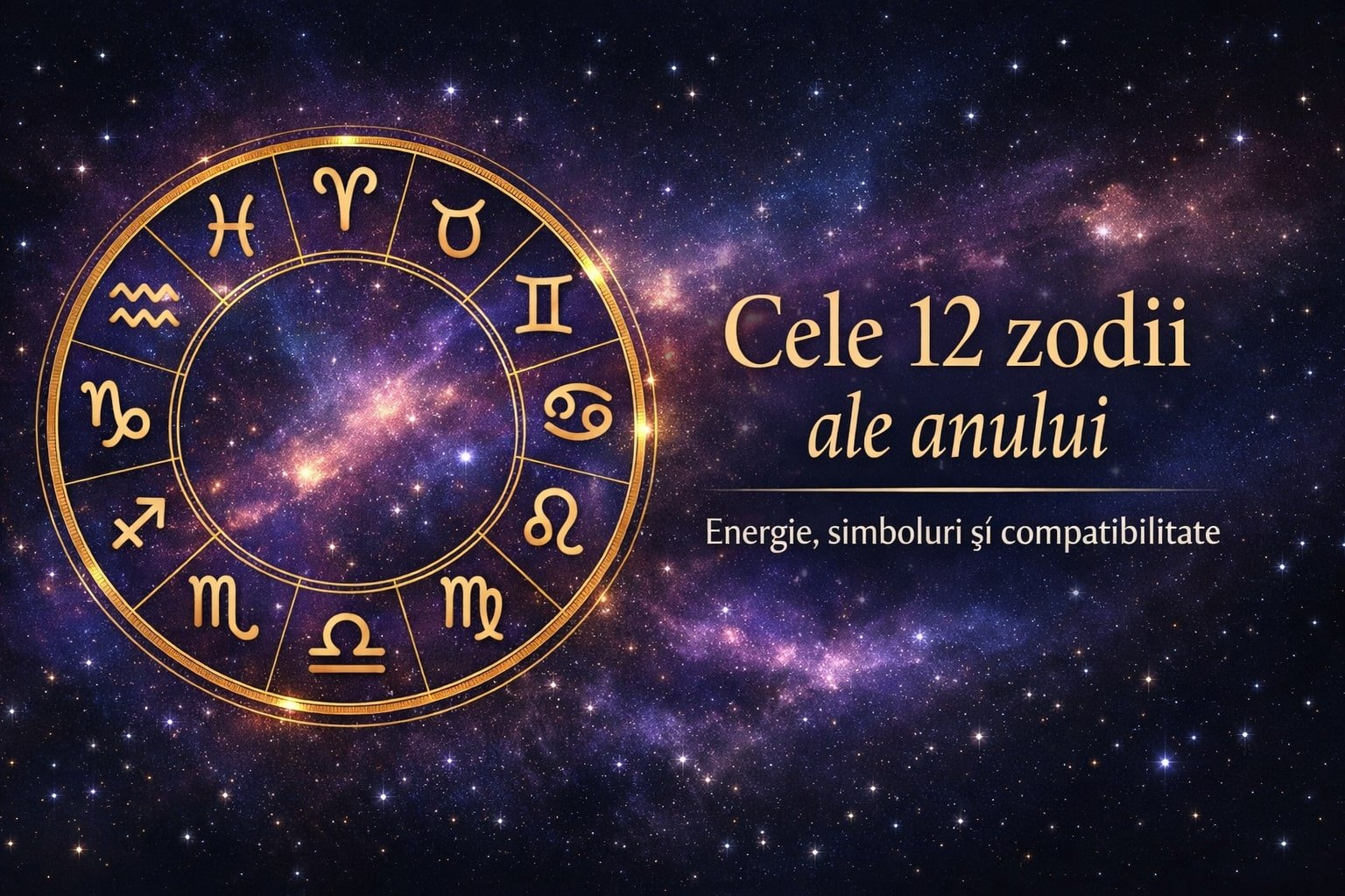 Cele 12 zodii ale anului reprezentate într-un cerc zodiacal cu simboluri astrologice standard, pe fundal cosmic elegant