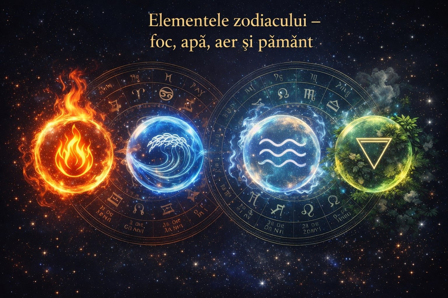 Elementele zodiacului – foc, apă, aer și pământ ilustrate simbolic