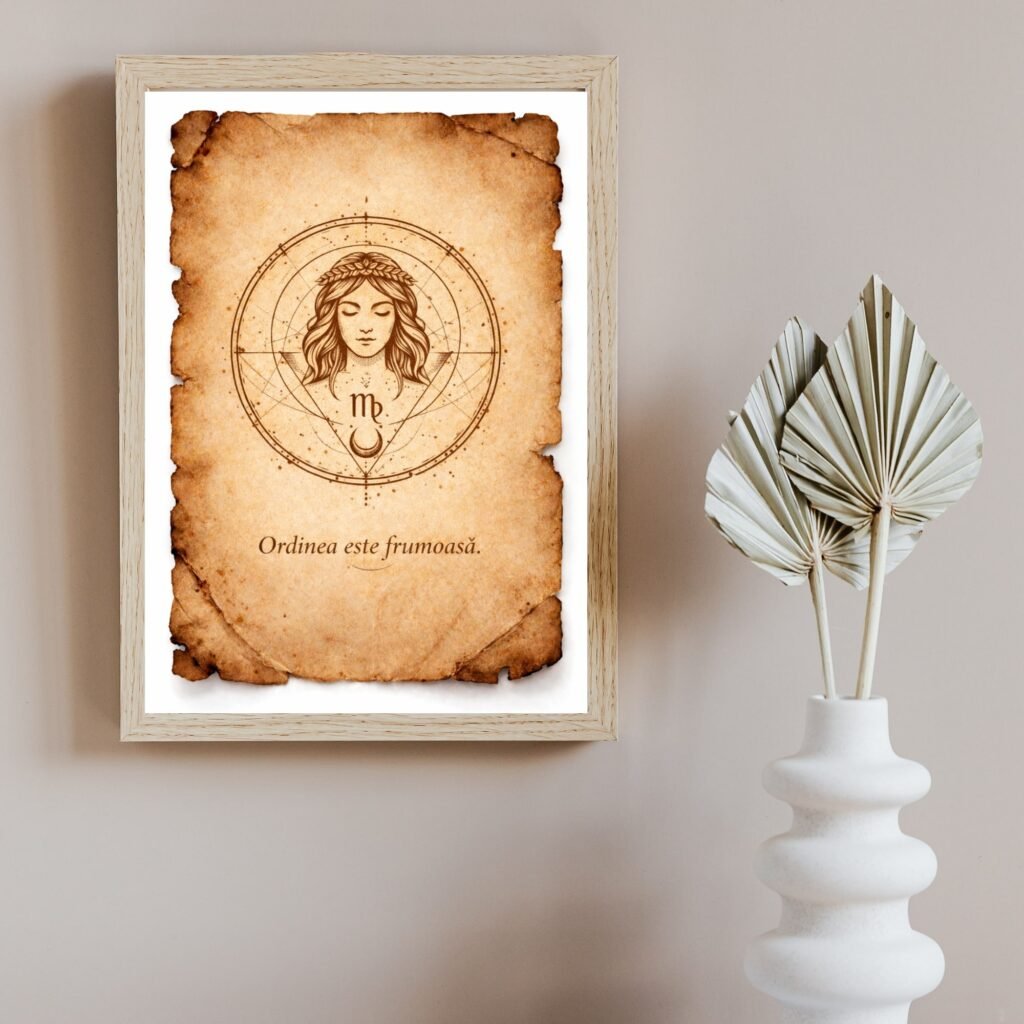 tablou fecioara stil papirus cu rama lemn natur sigiliu energetic zodiacal