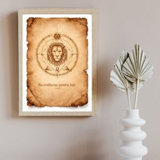 tablou leu stil papirus cu rama lemn natur sigiliu energetic zodiacal
