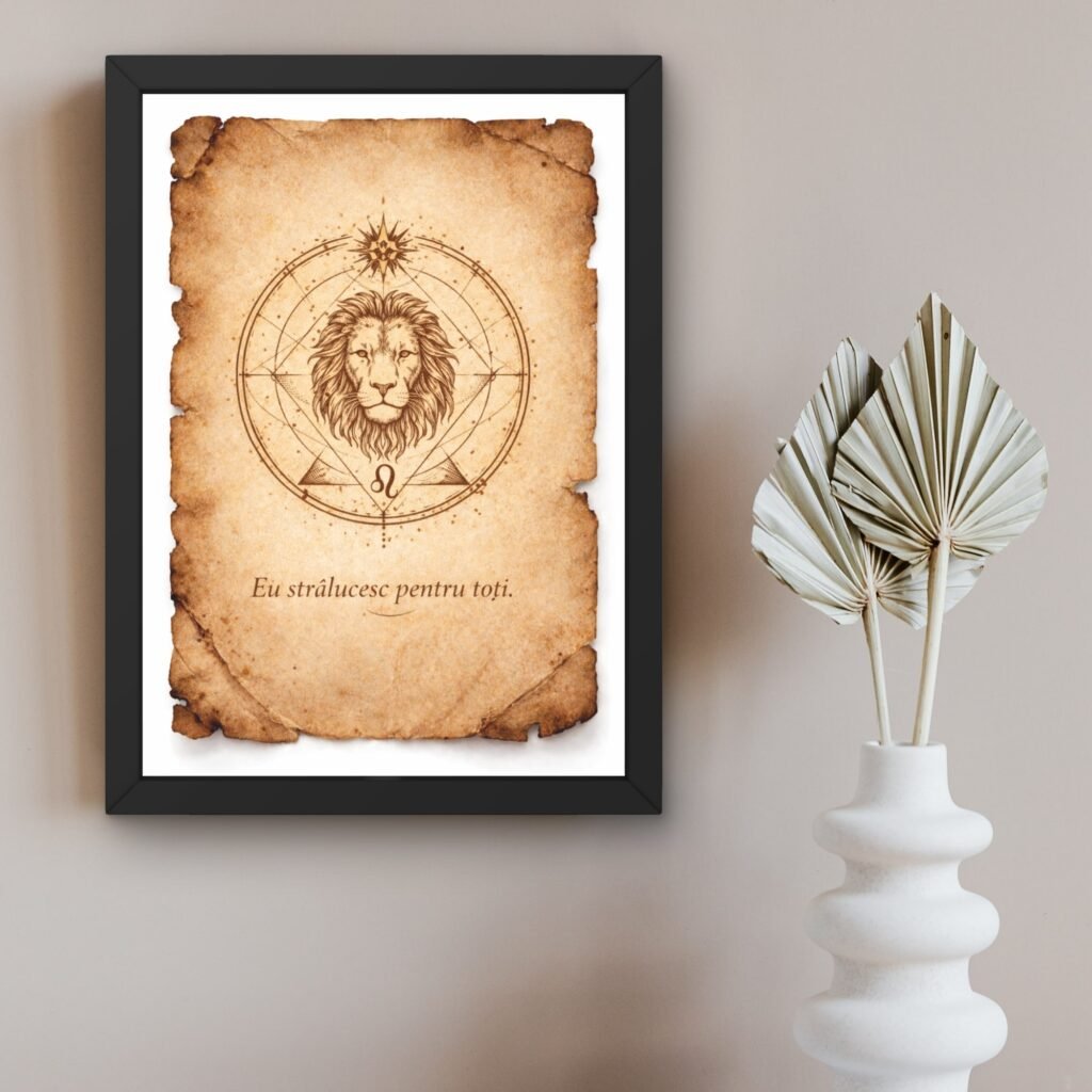 tablou leu stil papirus cu rama neagra sigiliu energetic zodiacal