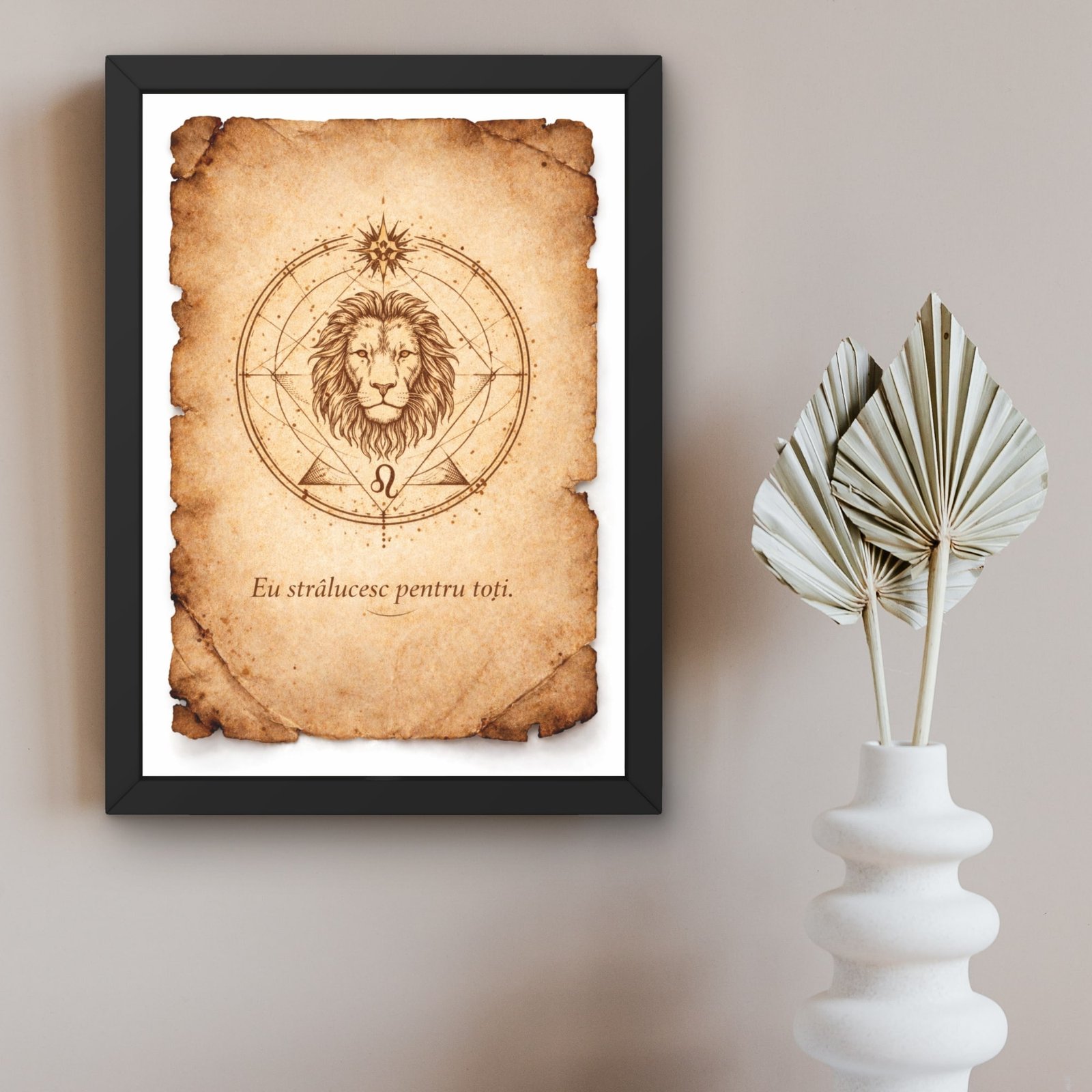 tablou leu stil papirus cu rama neagra sigiliu energetic zodiacal