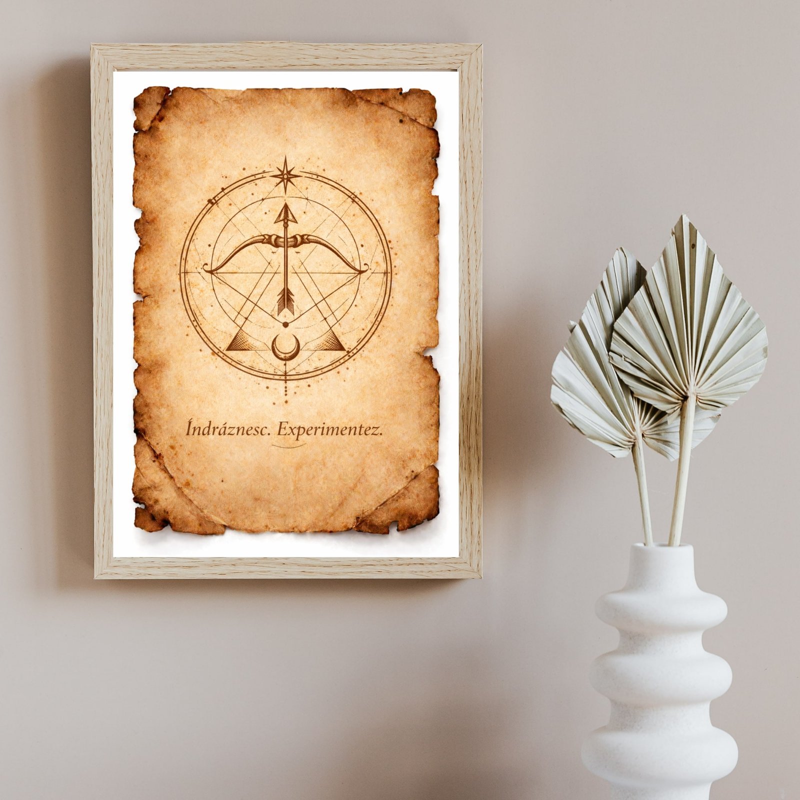 tablou sagetator stil papirus cu rama lemn natur sigiliu energetic zodiacal