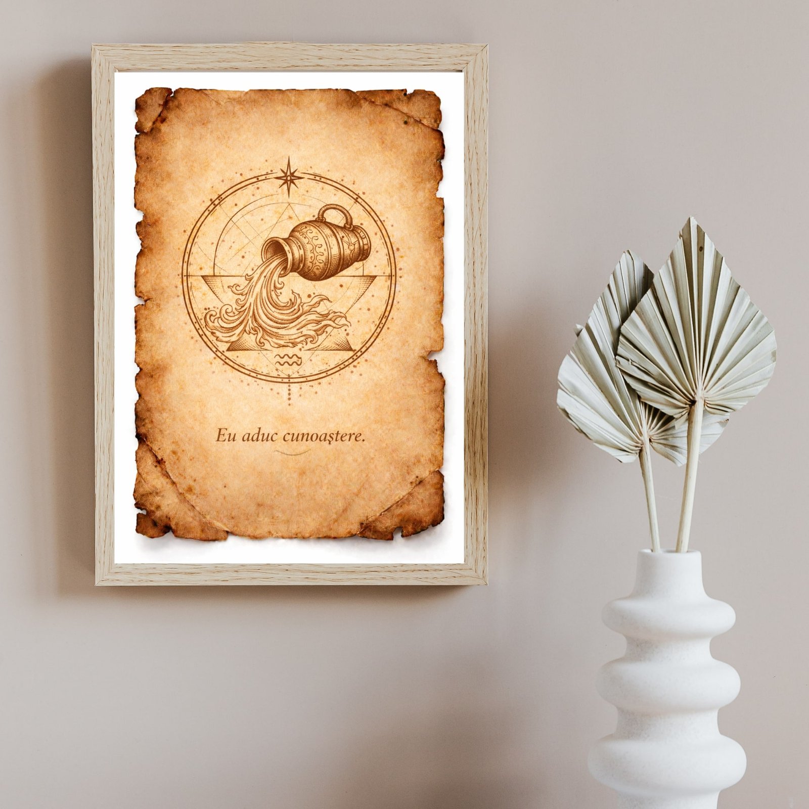 tablou varsator zodie sigiliu energetic zodiacal stil papirus rama lemn natur