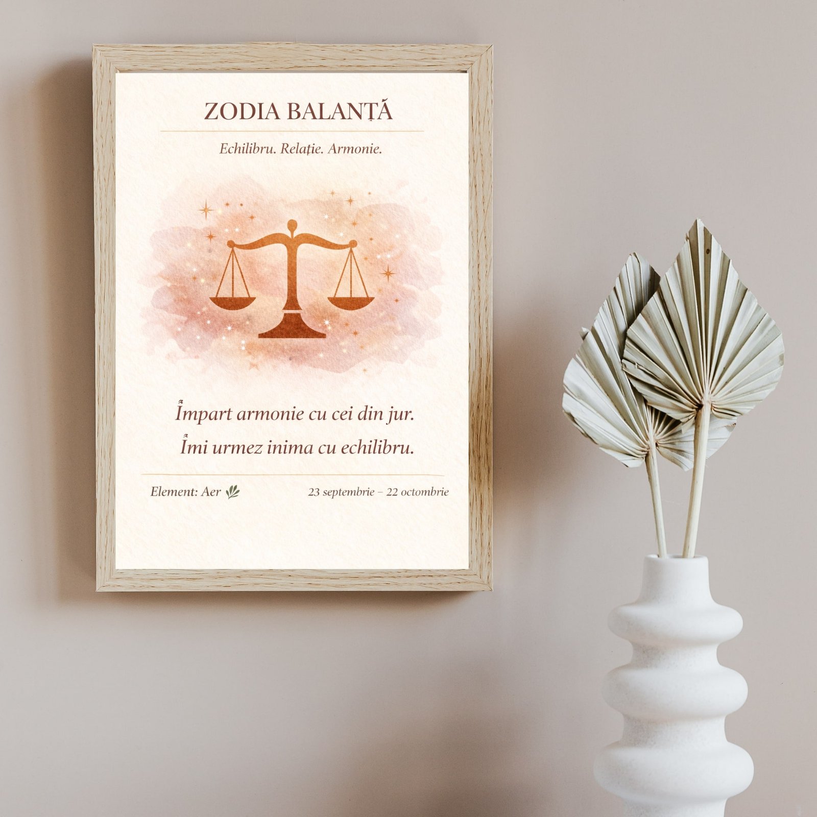 Tablou zodia Balanță cu simbol astrologic al echilibrului, ramă lemn natur