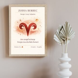 Tablou zodia Berbec în ramă din lemn natur, decor minimalist cu mesaj motivațional