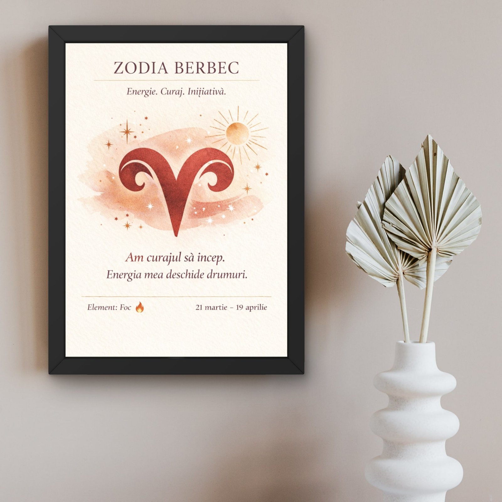 Tablou zodia Berbec în ramă neagră, artă astrologică cu simbol Berbec