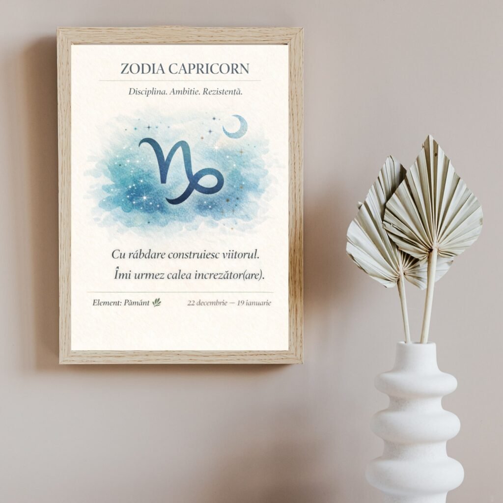 Tablou zodia Capricorn în ramă din lemn natur, decor minimalist cu mesaj motivațional