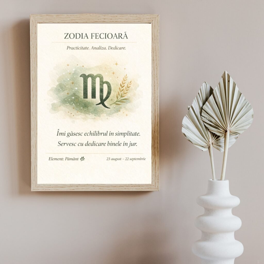 Tablou zodia Fecioară în ramă din lemn natur, decor minimalist cu mesaj afirmativ
