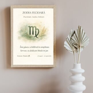 Tablou zodia Fecioară în ramă din lemn natur, decor minimalist cu mesaj afirmativ