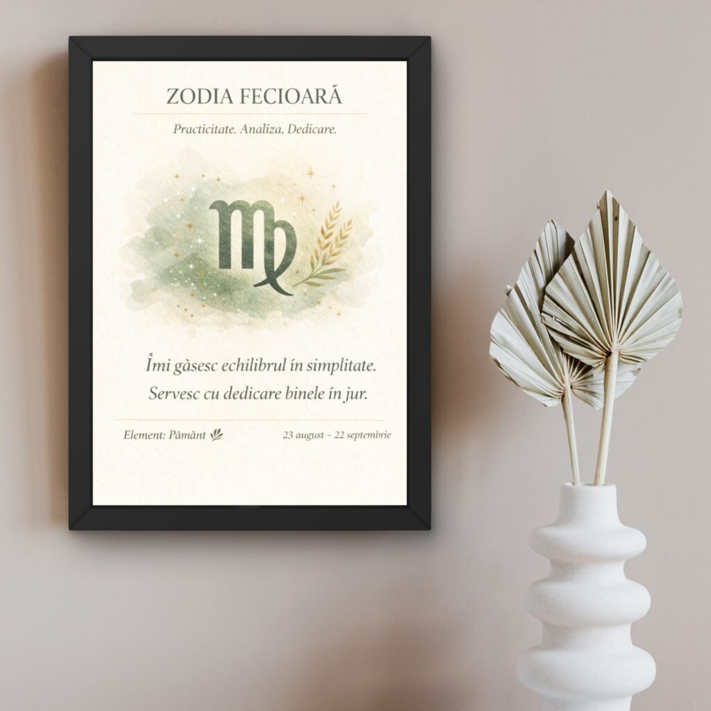 Tablou zodia Fecioară în ramă neagră, artă astrologică minimalistă cu simbol Fecioară