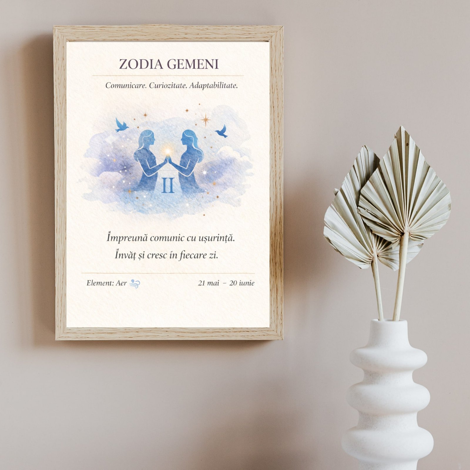 Tablou zodia Gemeni în ramă din lemn natur, decor minimalist cu mesaj afirmativ