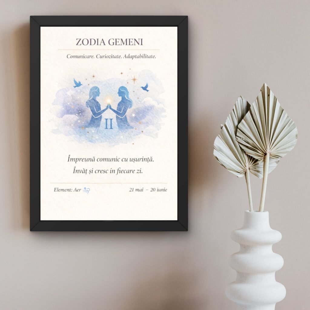 Tablou zodia Gemeni în ramă neagră, artă astrologică minimalistă cu simbol Gemeni