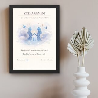 Tablou zodia Gemeni în ramă neagră, artă astrologică minimalistă cu simbol Gemeni