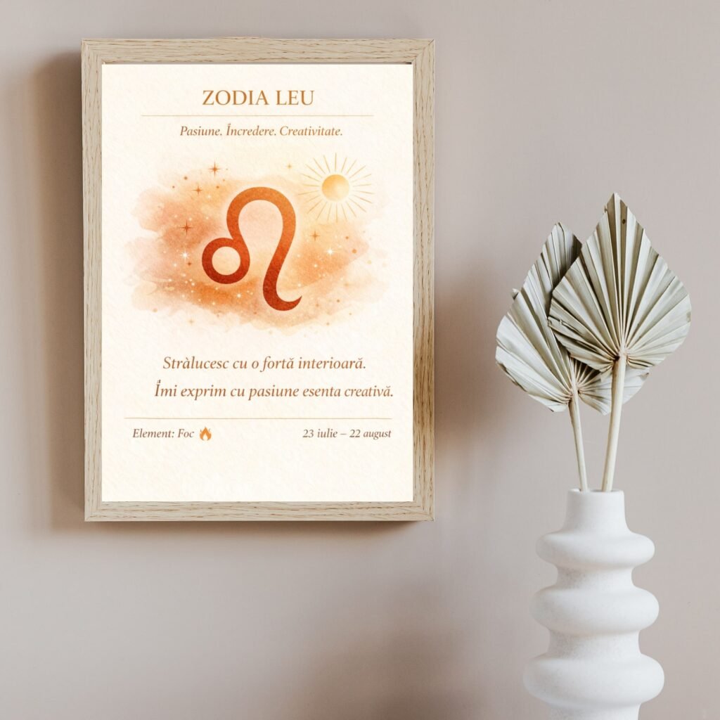 Tablou zodia Leu cu design astrologic minimalist și mesaj motivațional, ramă lemn natur