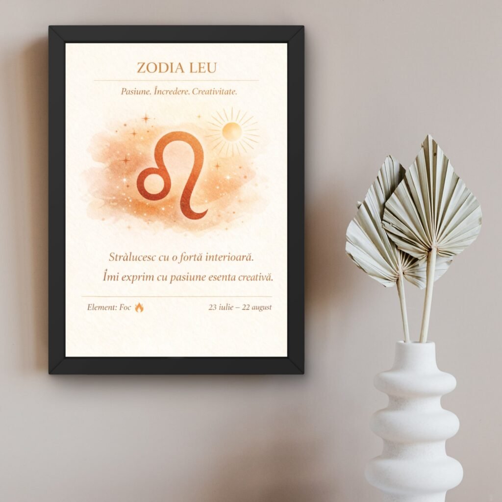 Tablou zodia Leu cu design astrologic minimalist și mesaj motivațional, ramă neagră