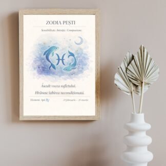 Tablou zodia Pești cu simbol astral și mesaj afirmativ, ramă din lemn natur, design astrologic minimalist