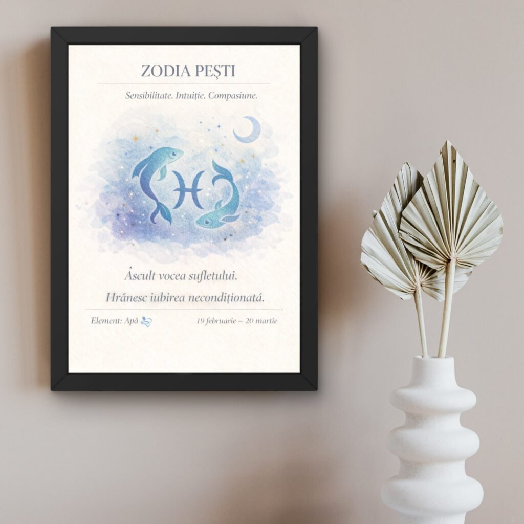 Tablou zodia Pești cu design astrologic minimalist și mesaj pozitiv, ramă neagră