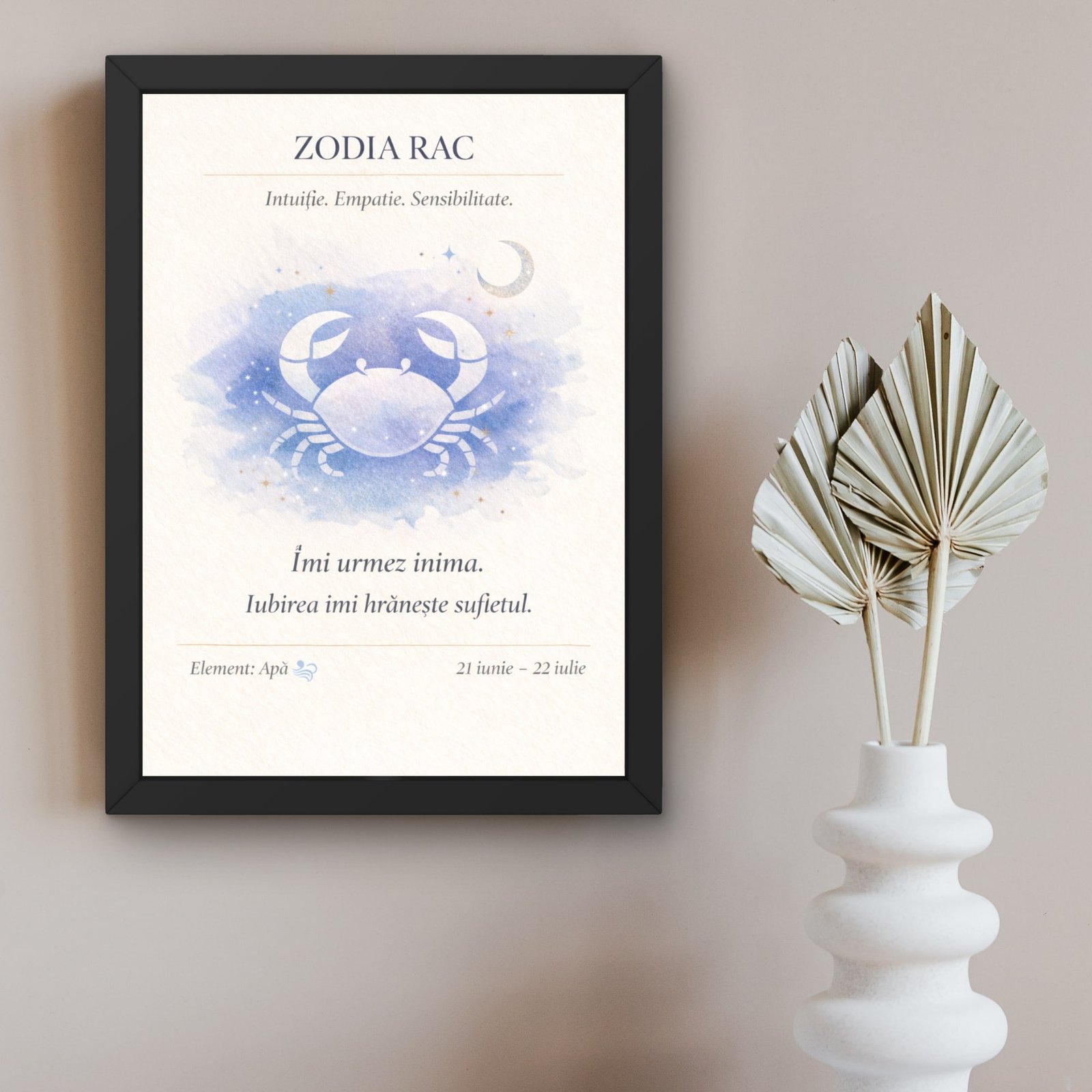 Tablou zodia rac cu design astrologic minimalist și mesaj pozitiv, ramă neagră