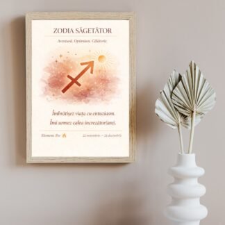 Tablou zodia sagetator cu simbol astral și mesaj afirmativ, ramă din lemn natur, design astrologic minimalist