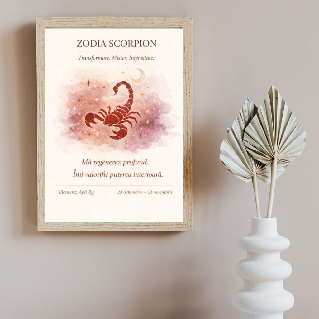 Tablou zodia scorpion cu design astrologic minimalist și mesaj pozitiv, ramă lemn natur