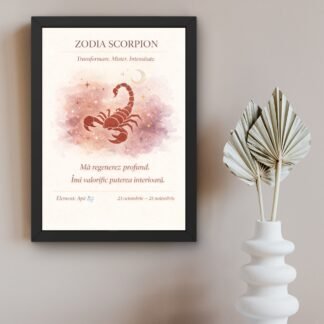 Tablou zodia scorpion cu design astrologic minimalist și mesaj pozitiv, ramă neagră