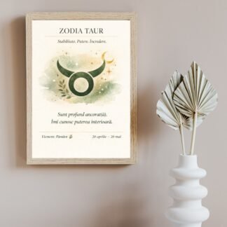Tablou zodia Taur cu simbol astrologic, ramă din lemn natur