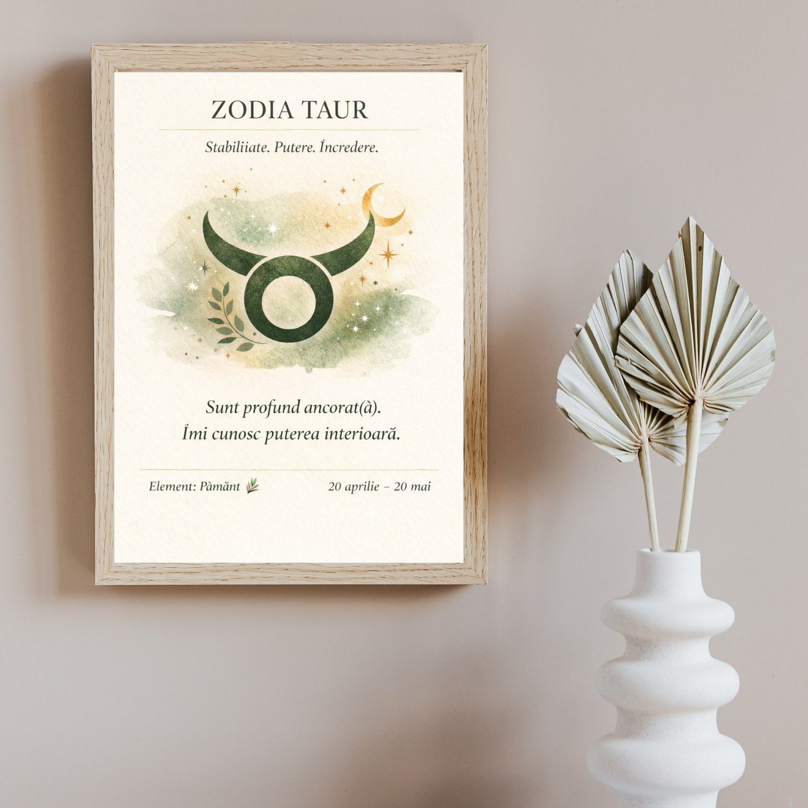 Tablou zodia Taur cu simbol astrologic, ramă din lemn natur