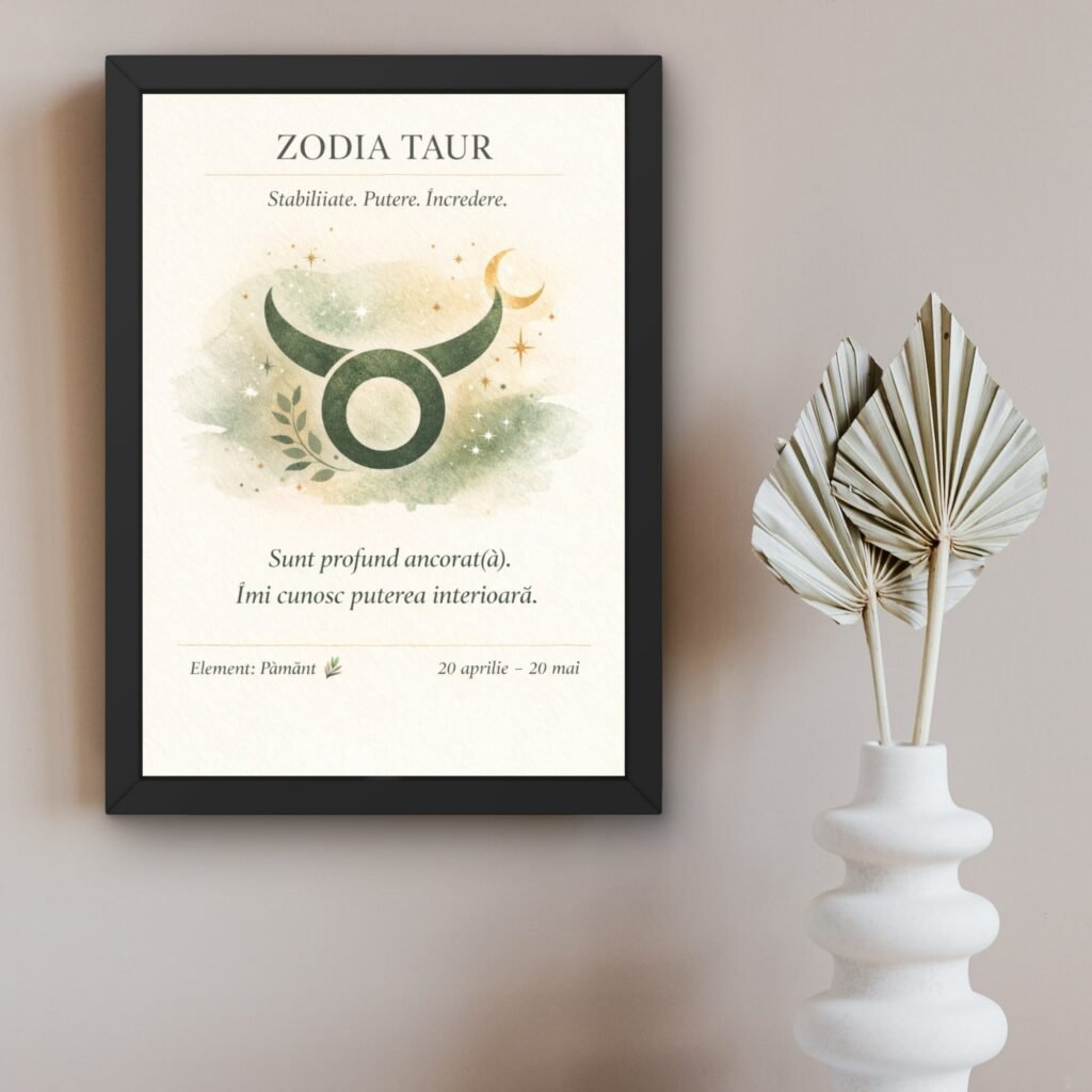 Tablou zodia Taur cu simbol astrologic, ramă neagră elegantă