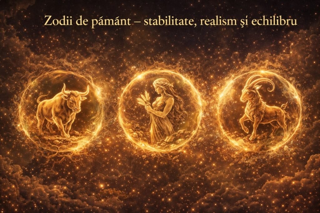 Zodii de pământ – Taur, Fecioară și Capricorn ilustrate prin simboluri ale stabilității