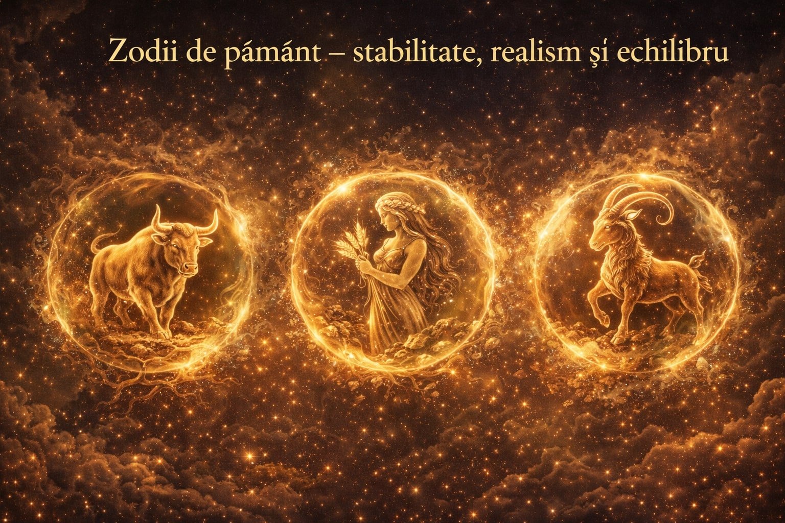 Zodii de pământ – Taur, Fecioară și Capricorn ilustrate prin simboluri ale stabilității