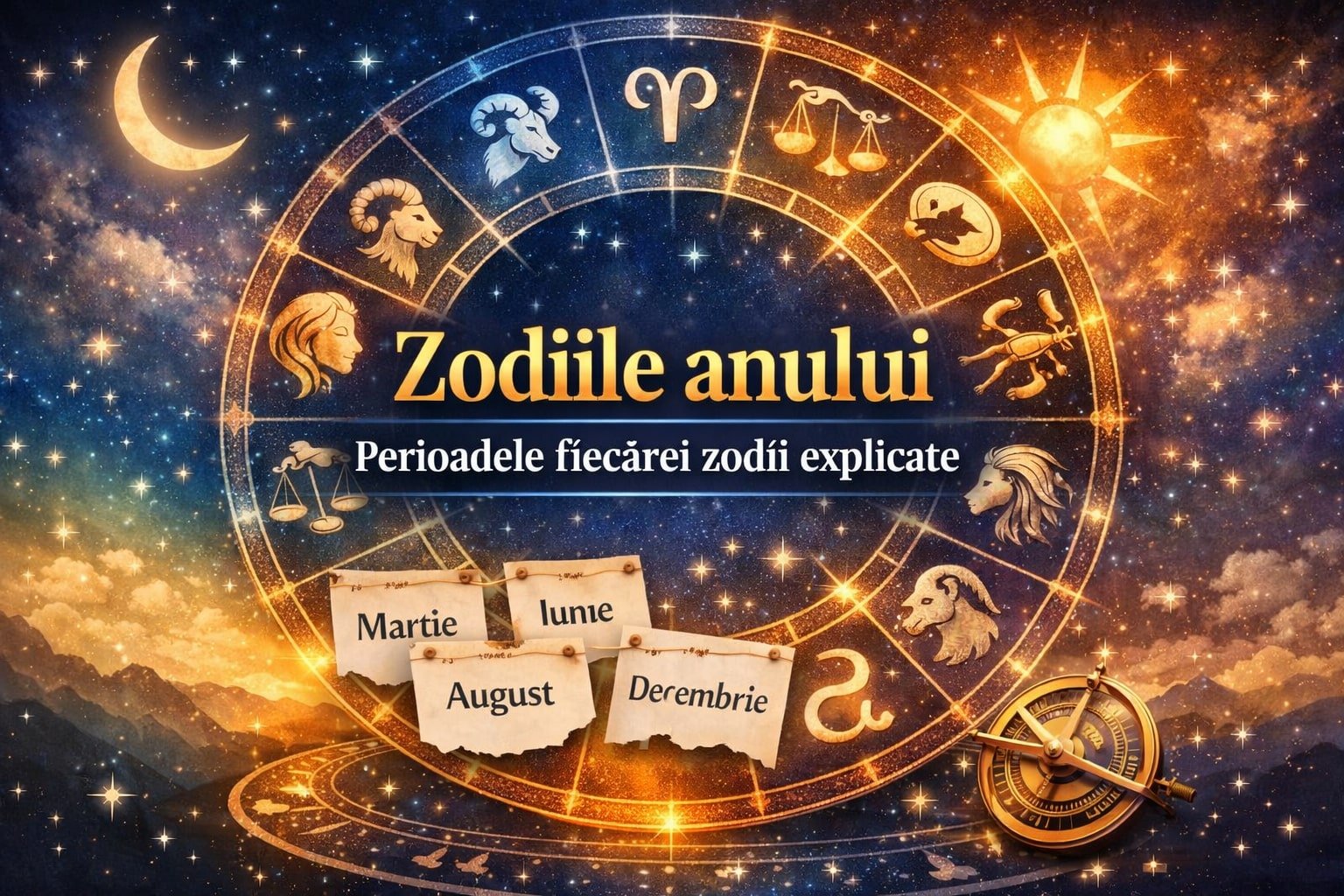 Zodiile anului și perioadele fiecărei zodii ilustrate într-un calendar zodiacal
