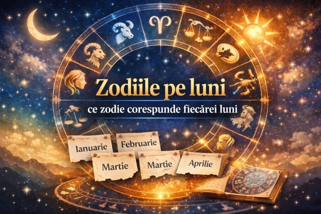 Zodiile pe luni ilustrate într-un calendar zodiacal cu simbolurile celor 12 semne