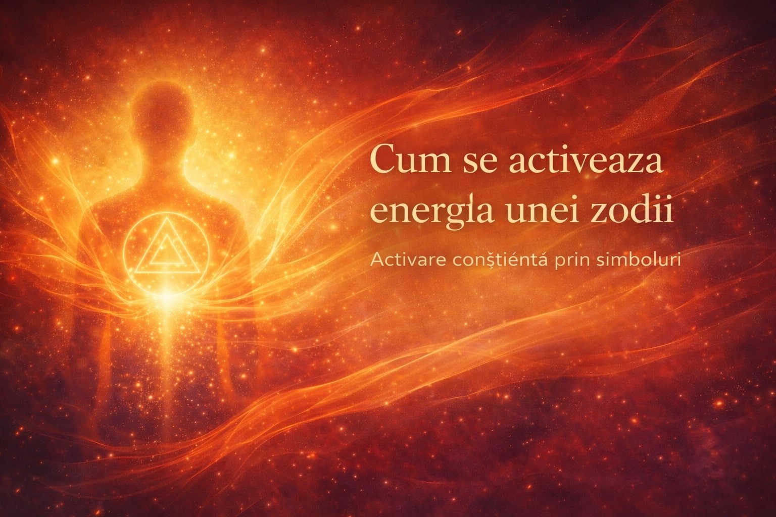 Imagine editorială caldă cu o siluetă umană luminoasă și simbol geometric, în nuanțe de portocaliu și auriu, ilustrând activarea energiei zodiei.